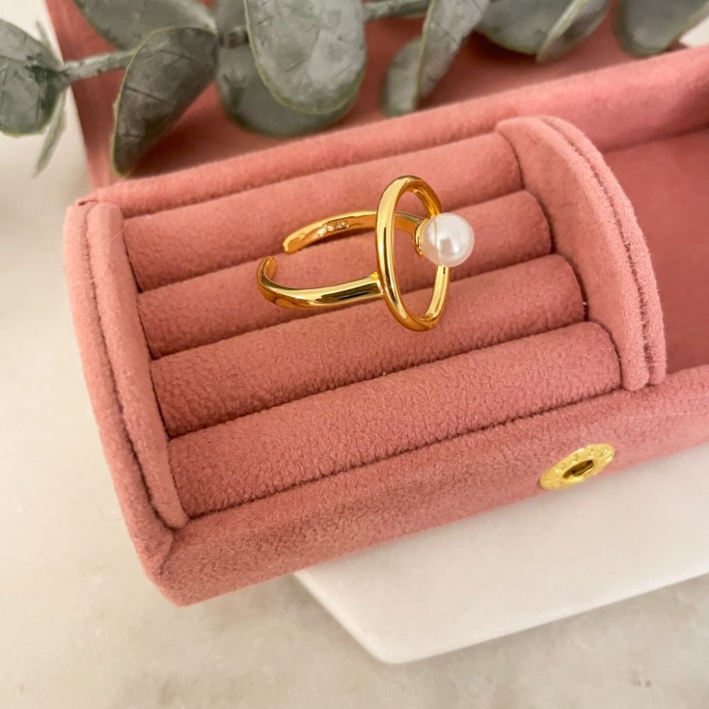925 Sterling Silver Gold Pearl Statement Ring Boho Minimalist Oval Round Ring - Picture 8 of 8